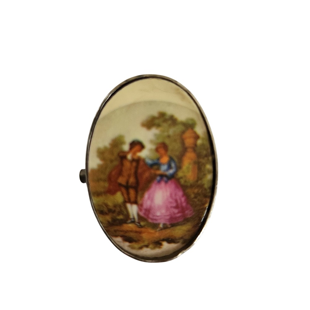Vintage Fragonard Style Courting Couple Oval‎ Brooch Silver Tone Romantic Pin